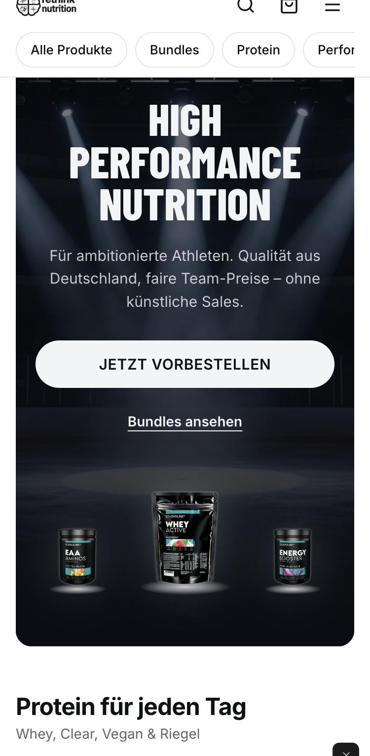 rethink nutrition: Smartphone-Ansicht der Supplement-Kollektion mit Vorbestellaktion.