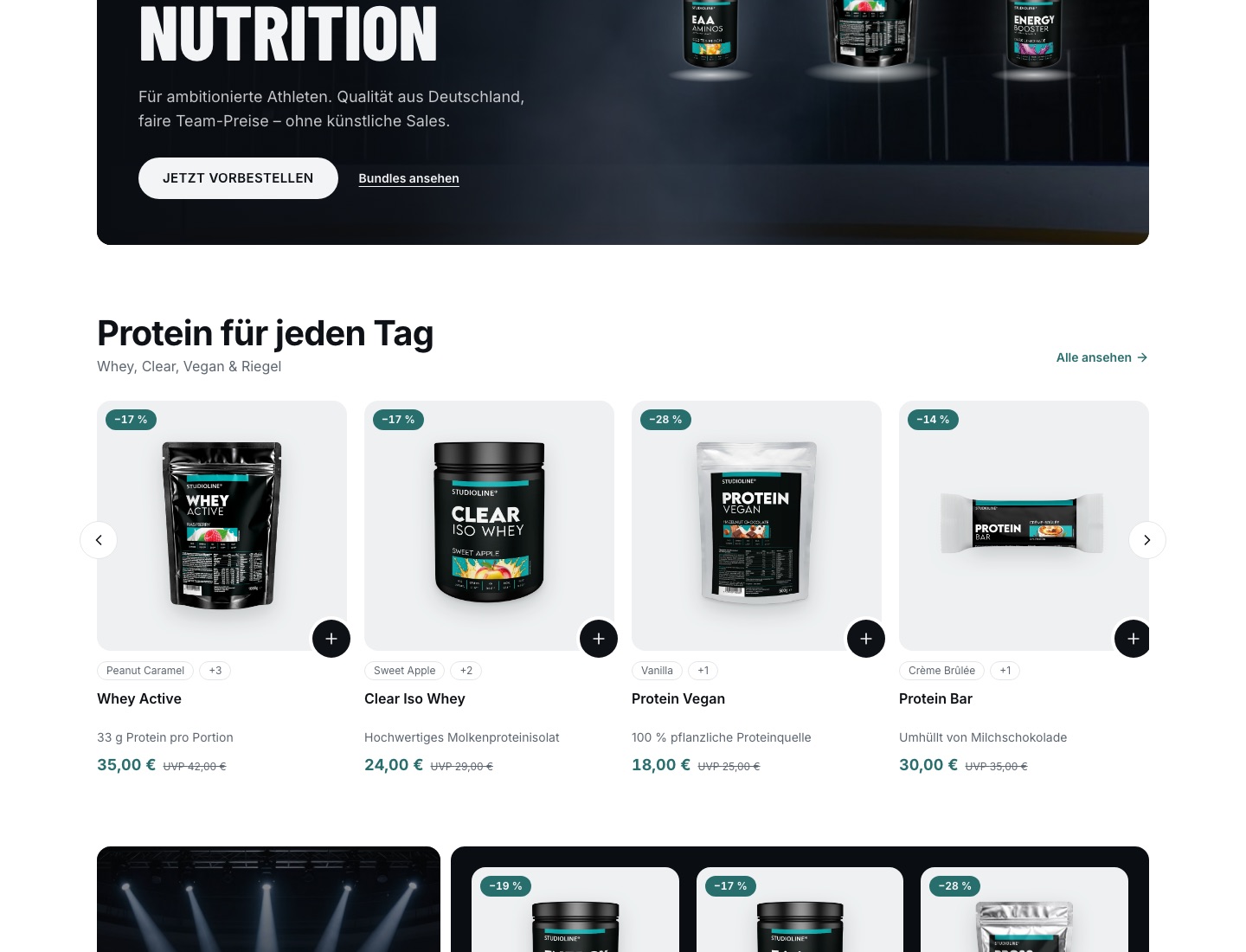 rethink nutrition: Desktop-Startseite des Pre-Sale-Shops mit Supplement-Produkten.